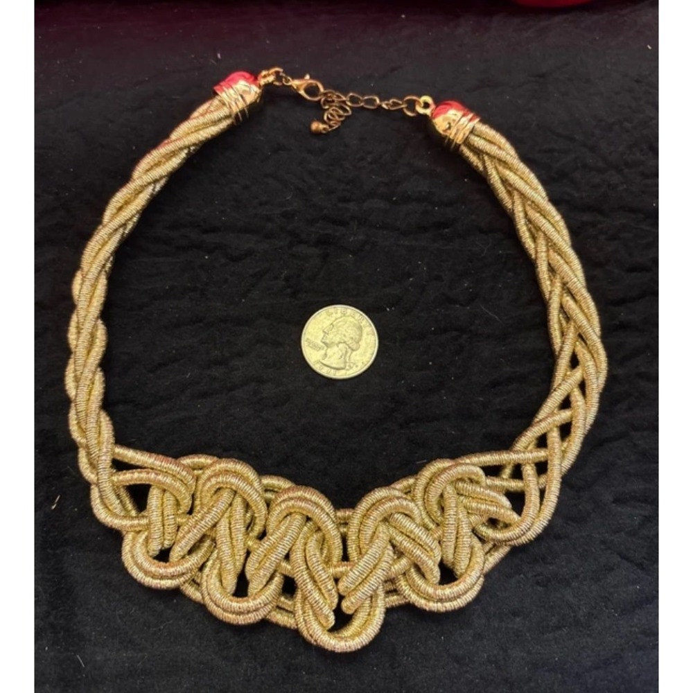 Gold Woven Cord Bib Necklace Braided Knot Statement Jewelry Metallic Gold Tone